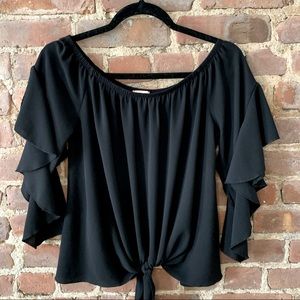 Vintage Tie Front Off The Shoulder Blouse w/ 3/4 Length Ruffle Bell Sleeves
